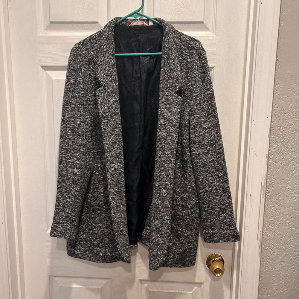 Soft Surroundings Blazer Jacket XL Black‎ Gray Tweed Career Open Front Academia